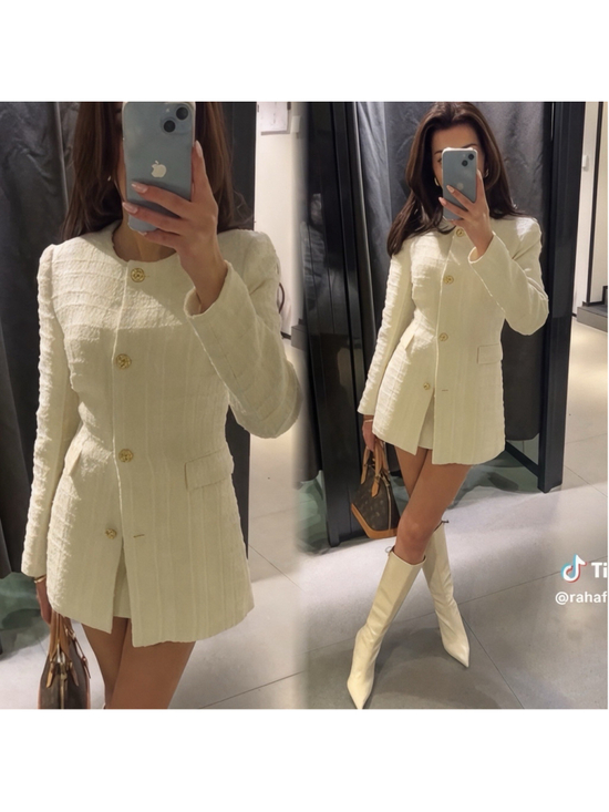 Zara Jackets & Blazers - Zara Tweed Bouclé Blazer Jacket Ivory Cream Longline Gold Buttons Size S